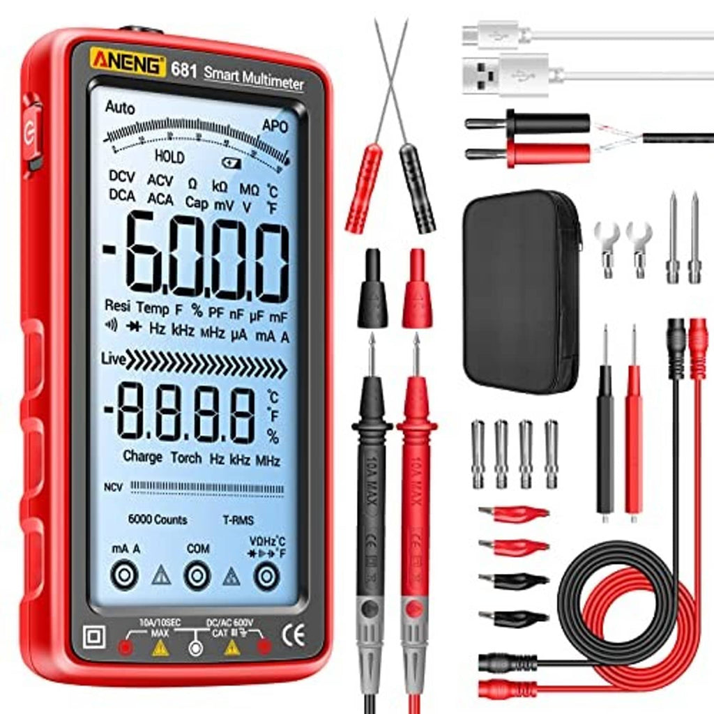 Red digital multimeter tester on display with backlit screen, test probes, and accessory set