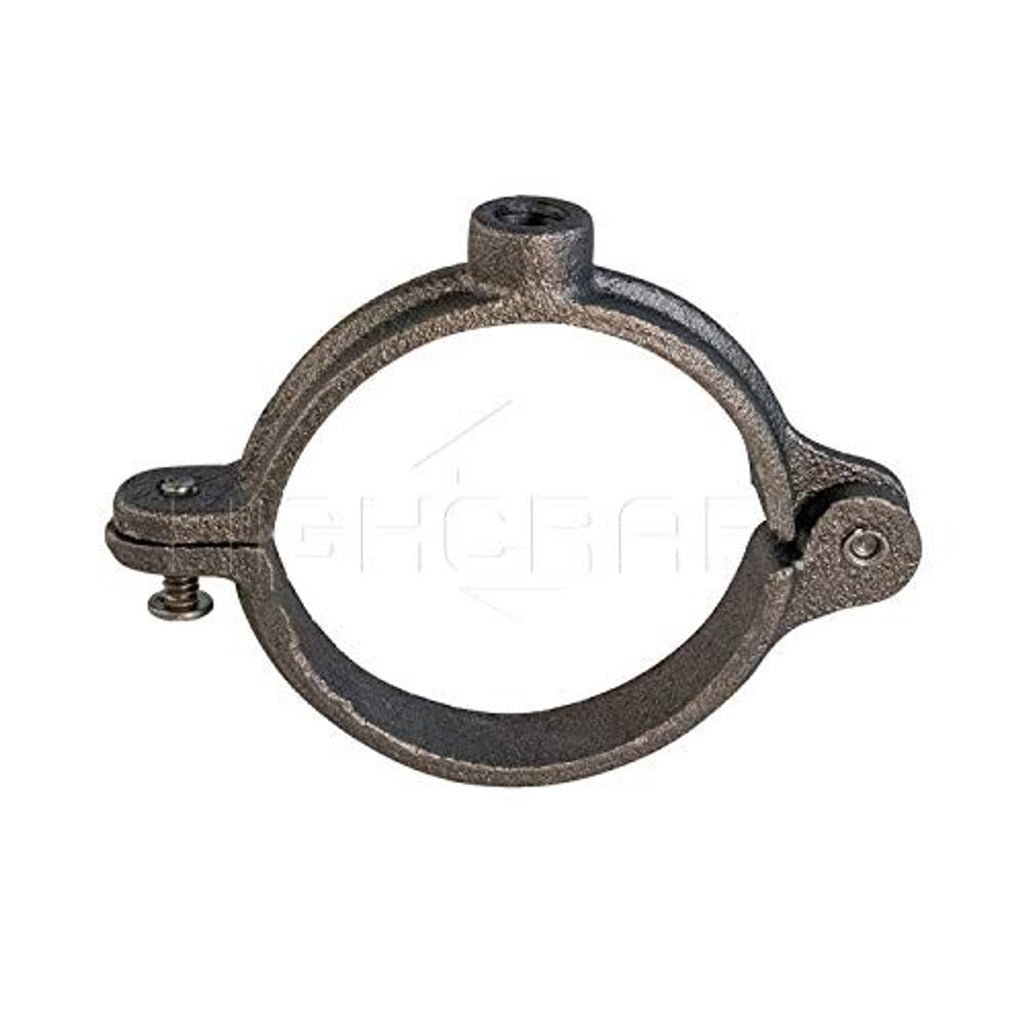 Single dark metal hinged split ring pipe hanger with top screw post and circular loop