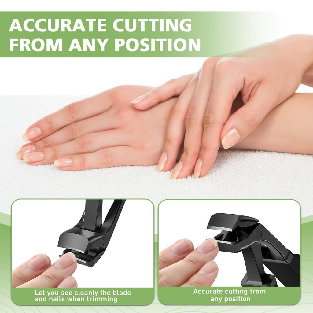Black angled toenail clipper with cutting head shown in close-up
