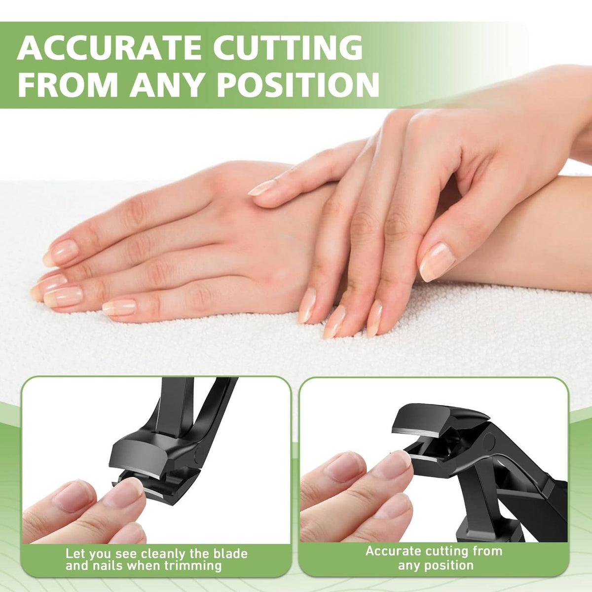Black angled toenail clipper with cutting head shown in close-up