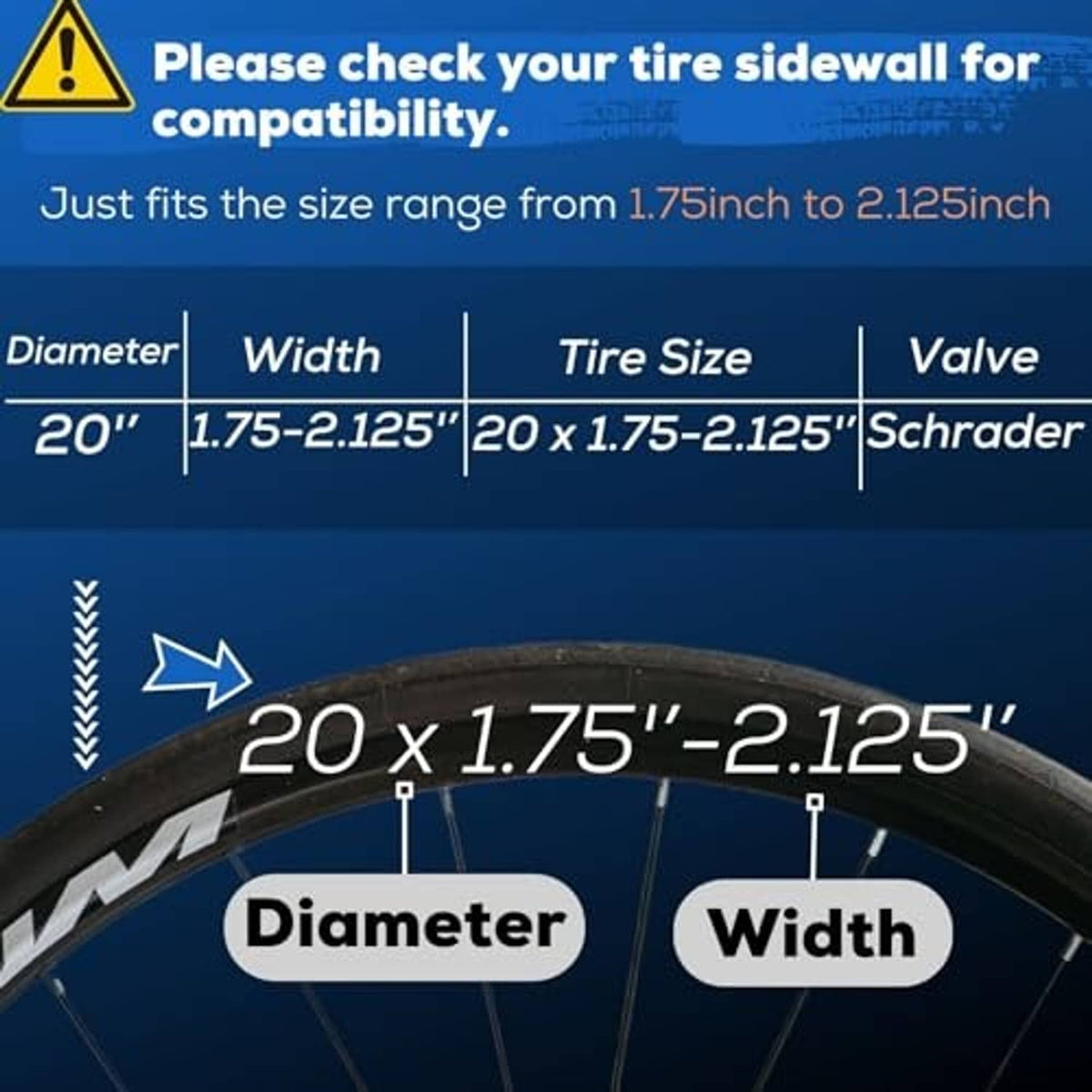 Fitment diagram for 20 x 1.75–2.125 tire size, diameter and width