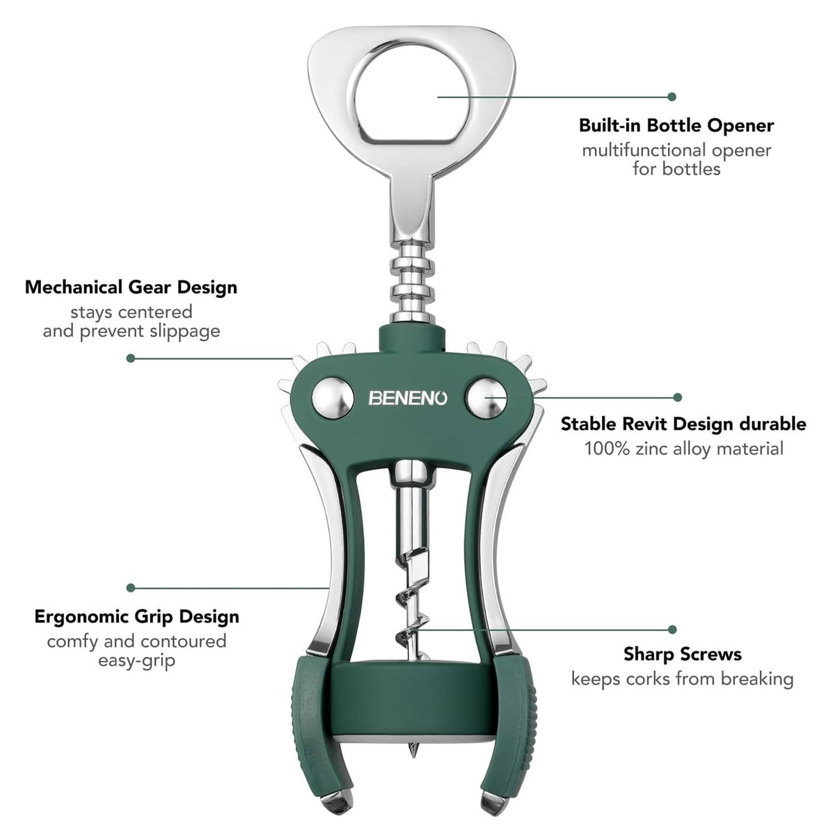 Dark green wing corkscrew bottle opener with chrome gear mechanism and built-in opener