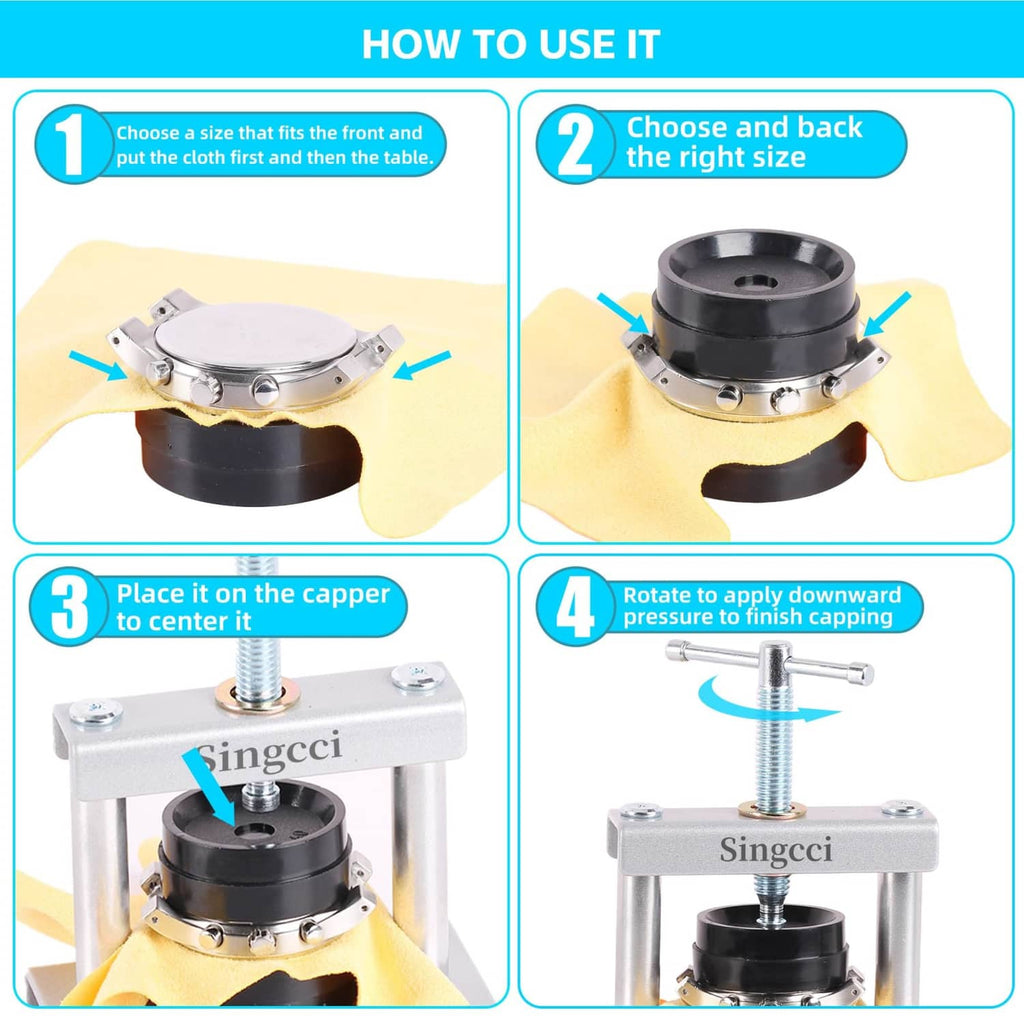 Watch back press tool with circular mold and threaded press post, shown in use steps