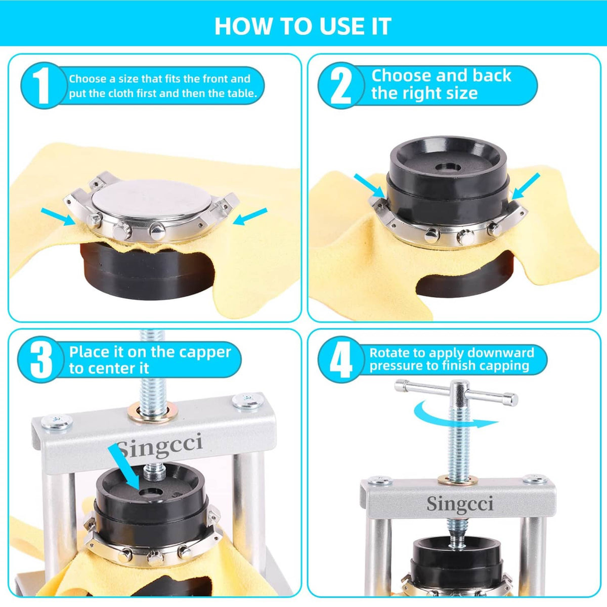 Watch back press tool with circular mold and threaded press post, shown in use steps