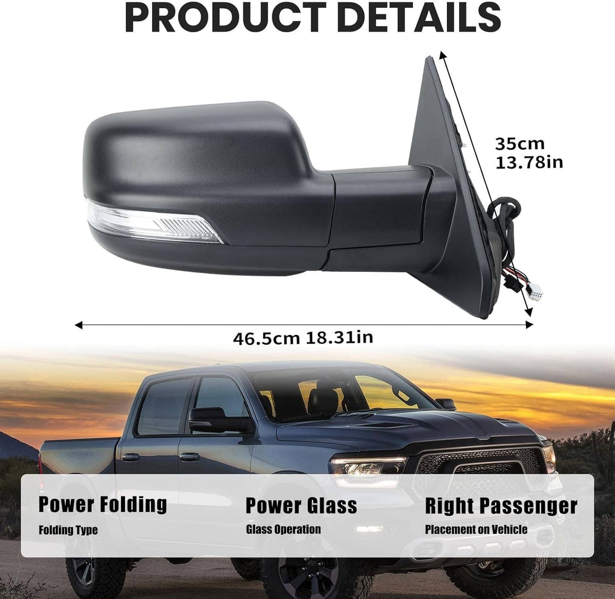 Matte black mirror housing set with power folding and power glass features