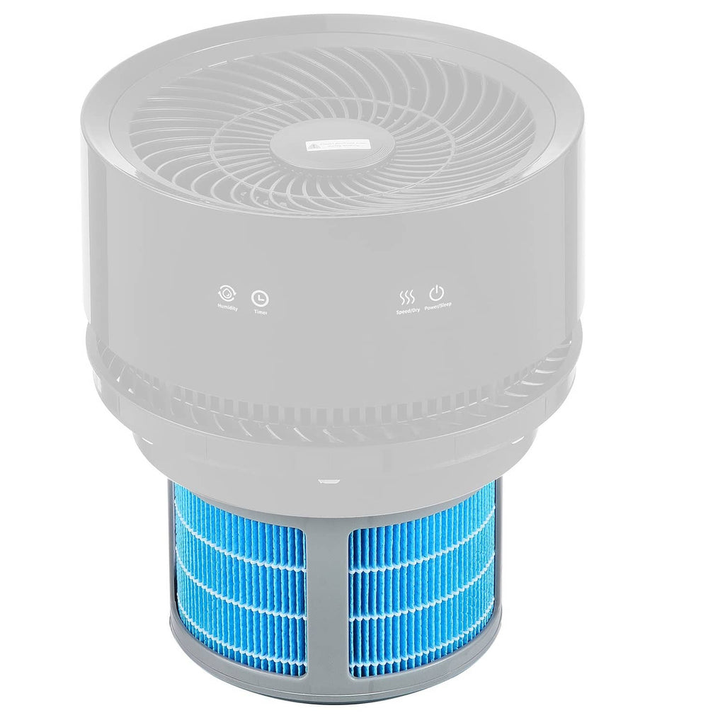 Evaporative humidifier base with blue replacement filter cartridges visible below