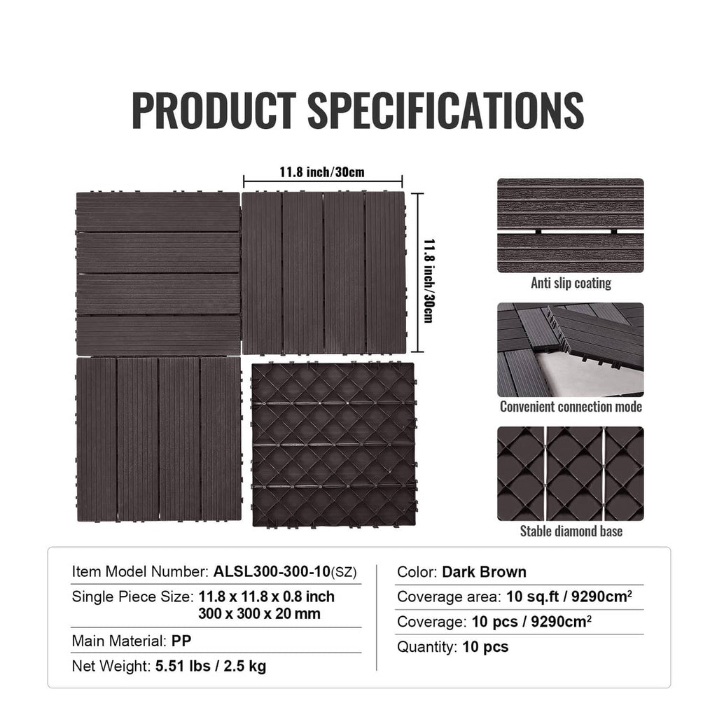 Interlocking deck tiles, dark brown underside with diamond pattern and connection tabs