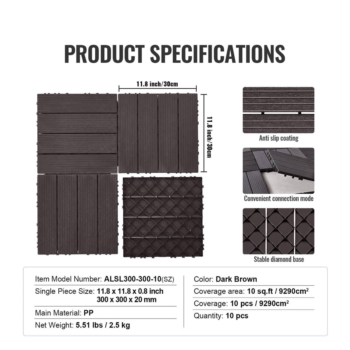 Interlocking deck tiles, dark brown underside with diamond pattern and connection tabs