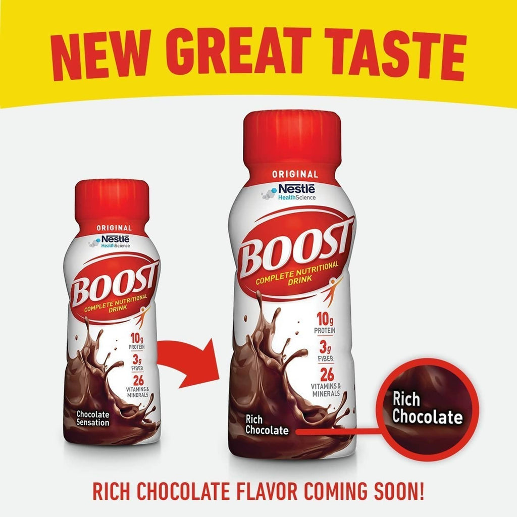 Chocolate Boost ready-to-drink bottles with red caps and rich chocolate flavor badge