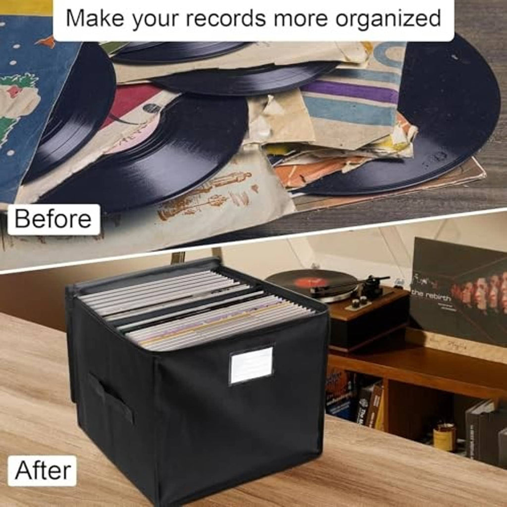 Black vinyl record storage box with zipper lid, holding multiple 12-inch records