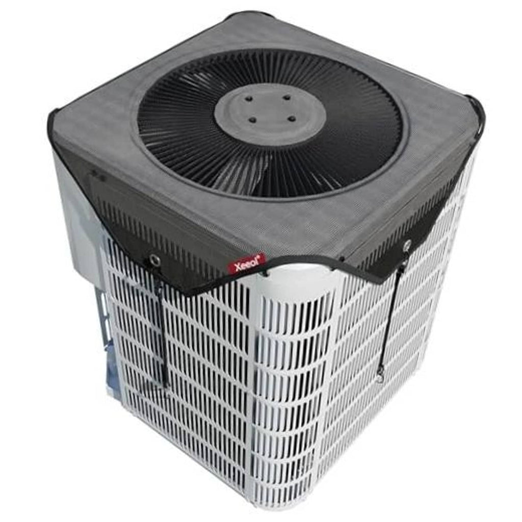 Mesh air conditioner cover with top fan opening and gray edging, for outdoor AC