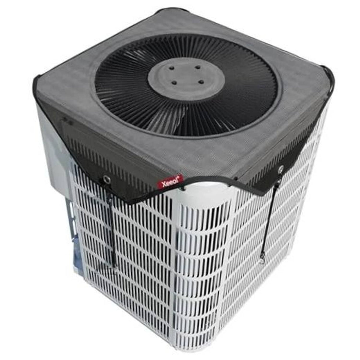 Mesh air conditioner cover with top fan opening and gray edging, for outdoor AC