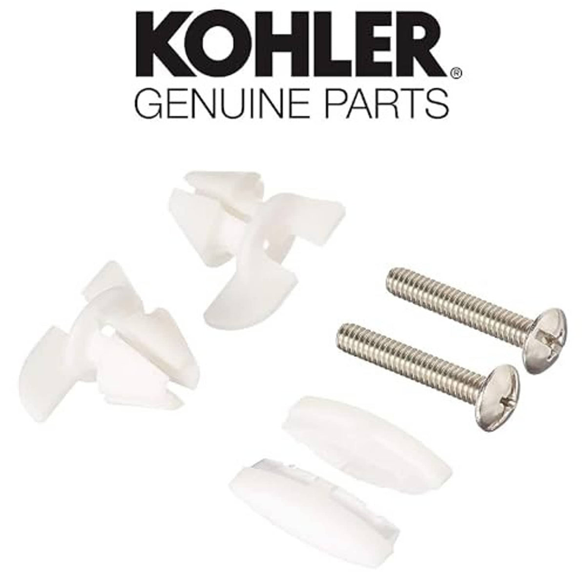 Kohler bumper hardware kit with white clips and two silver screws