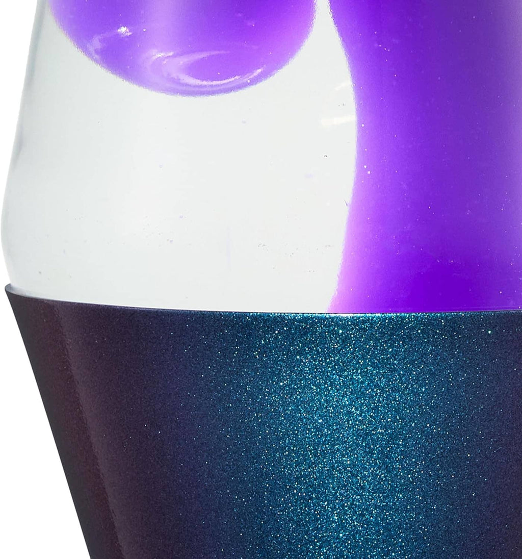 Close-up of clear glass globe with purple lava flow above a black glitter base