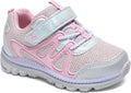 Light pink and silver toddler sneakers with velcro strap, lace-up, and chunky purple sole