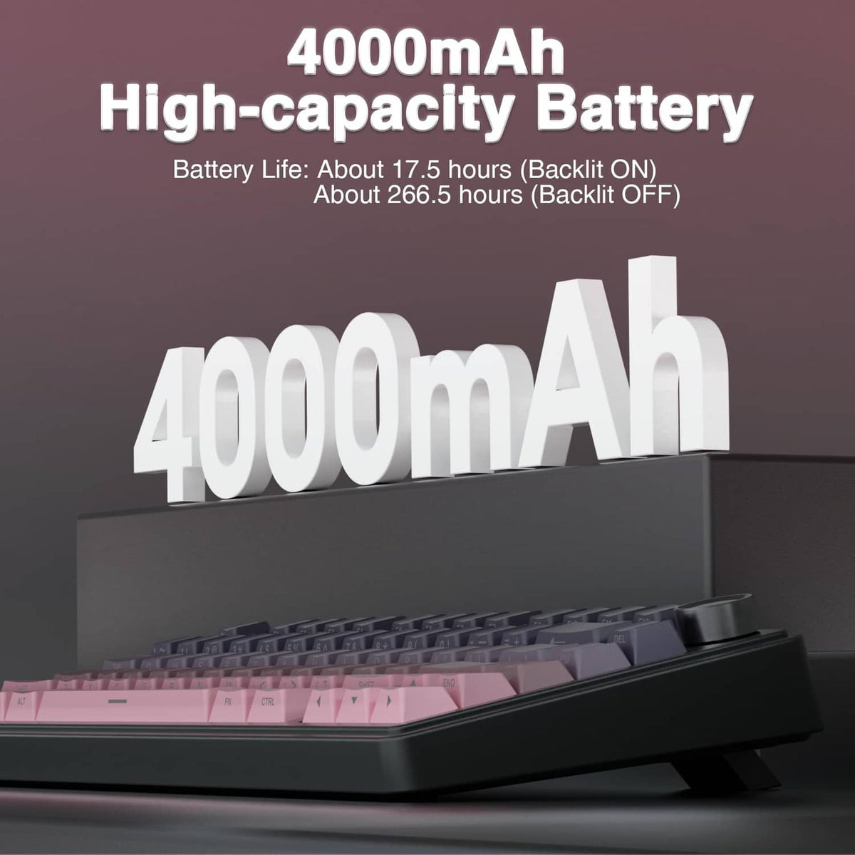 Wireless mechanical keyboard with pink keycaps and long-lasting 4000mAh battery
