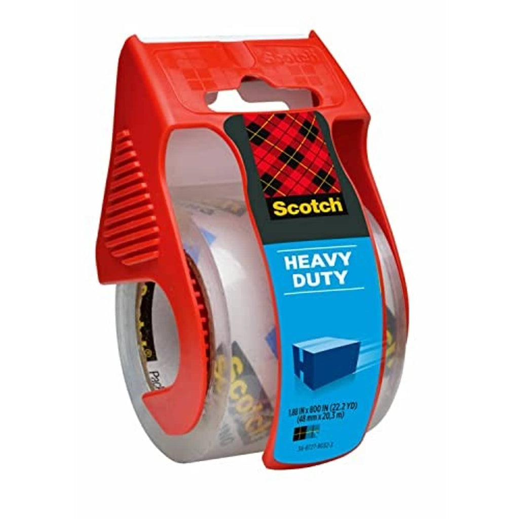 Scotch Heavy Duty packaging tape roll in red dispensing case with blue label