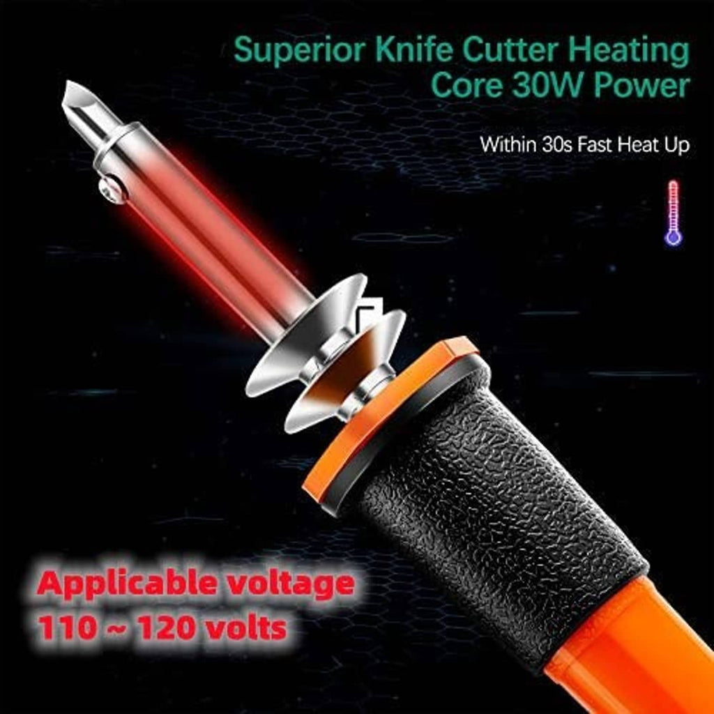 Electric hot knife cutter tool with metal heated shaft, orange handle, and black grip