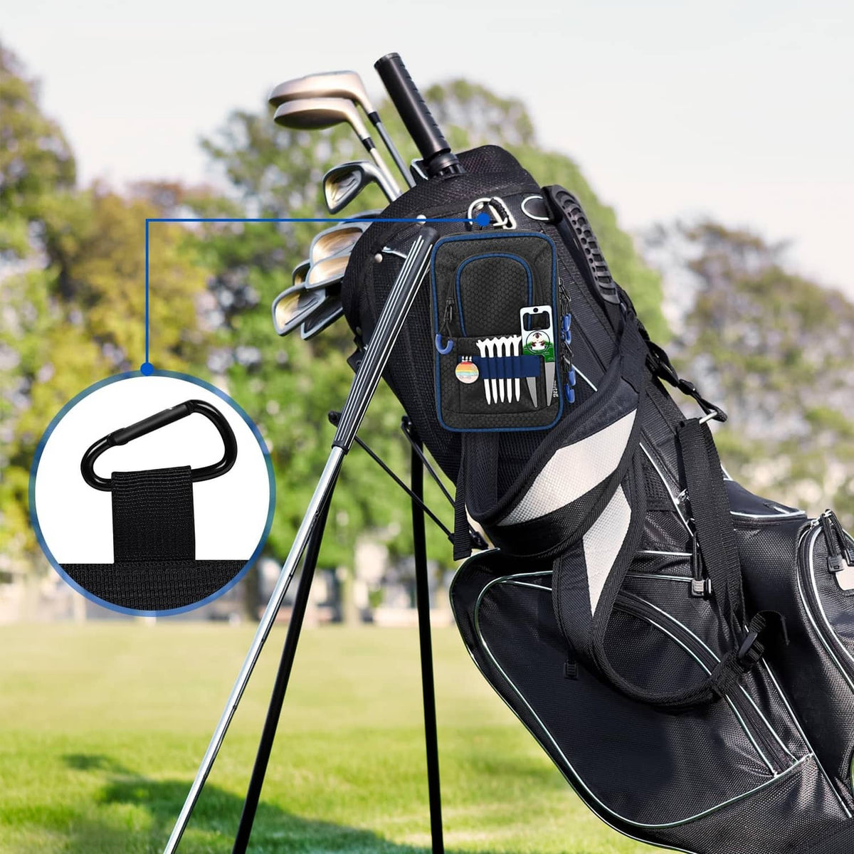 Black and blue golf pouch with zip organizer pocket and hanging carabiner clip