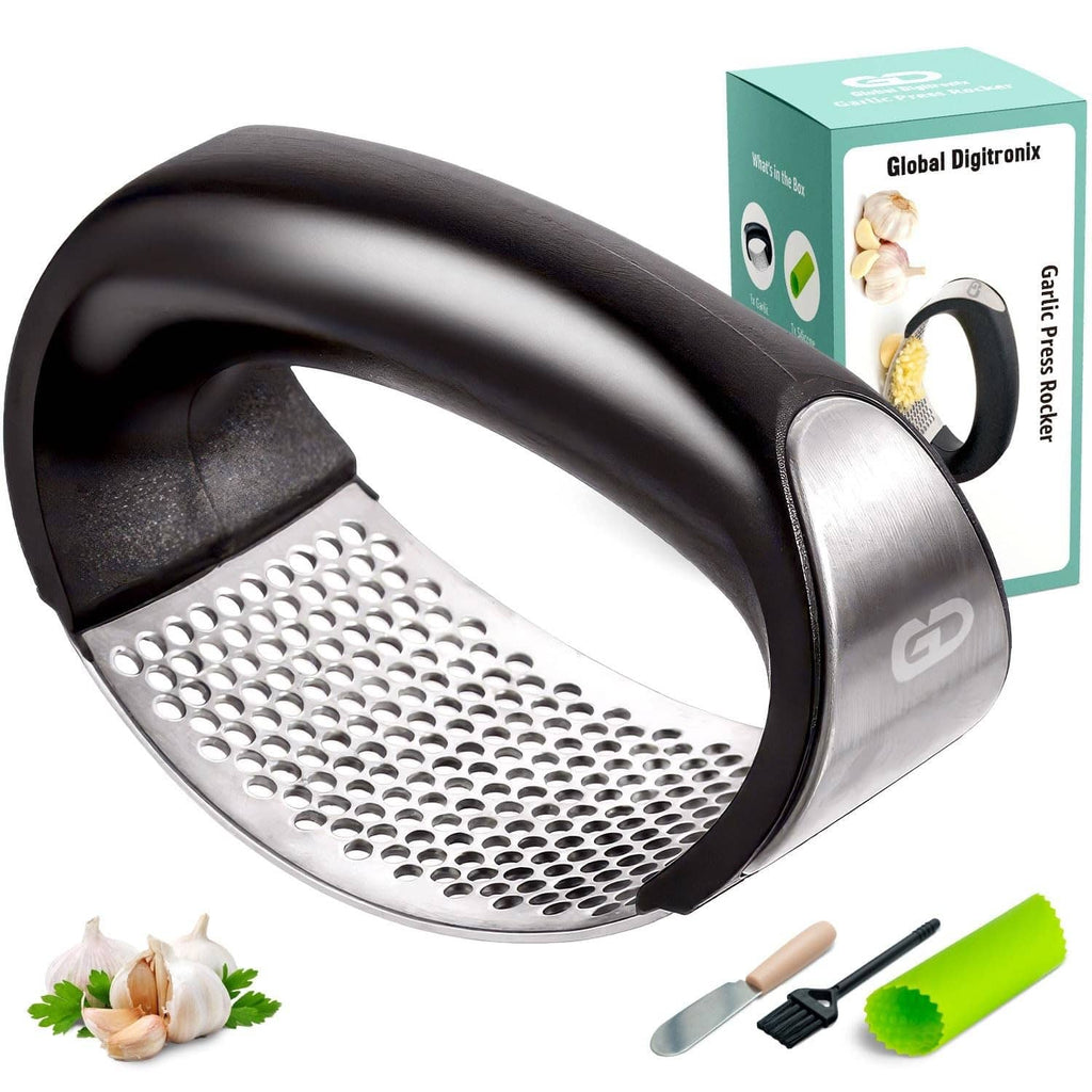 Garlic press rocker kit with black handle, stainless plate, accessories and retail box