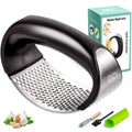 Garlic press rocker kit with black handle, stainless plate, accessories and retail box