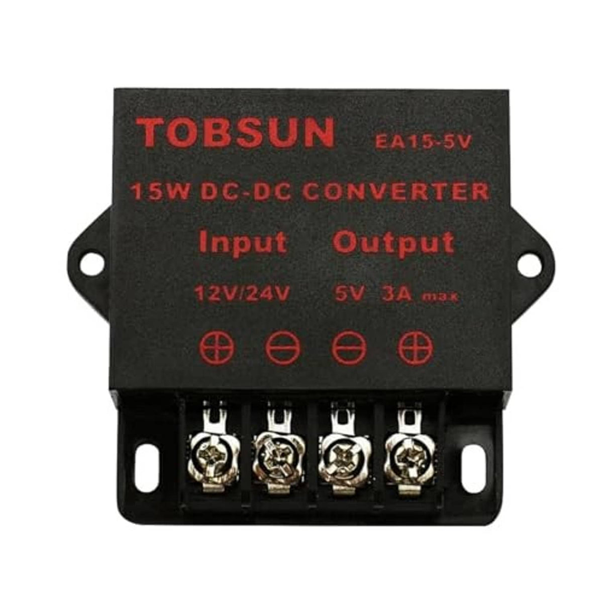 TOBSUN 15W DC-DC converter showing Input and Output labels with screw terminals