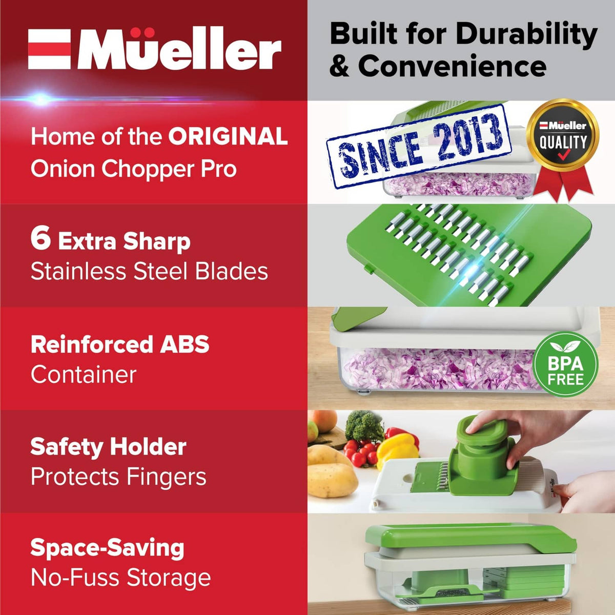 Green Mueller vegetable chopper with blade set and clear container of chopped onions