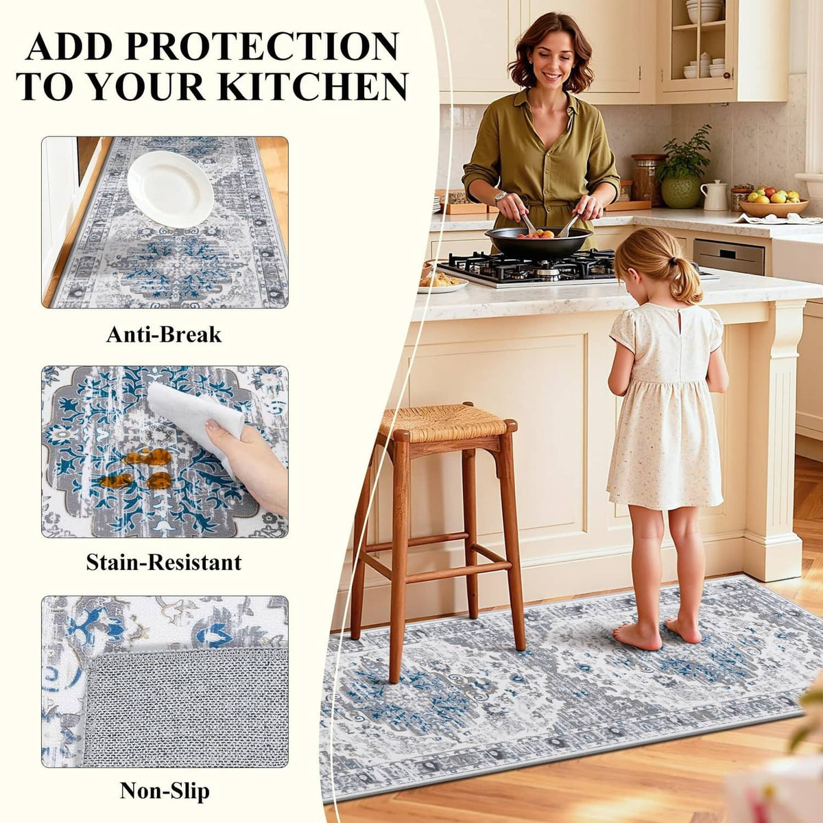 Boho kitchen rug with grey and blue distressed ornate motifs, rectangular