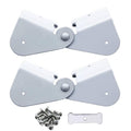 White flip-up gutter downspout hinge brackets with center pin and mounting screws, 2 pack