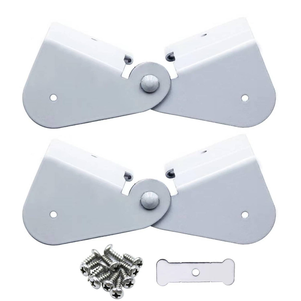 White flip-up gutter downspout hinge brackets with center pin and mounting screws, 2 pack