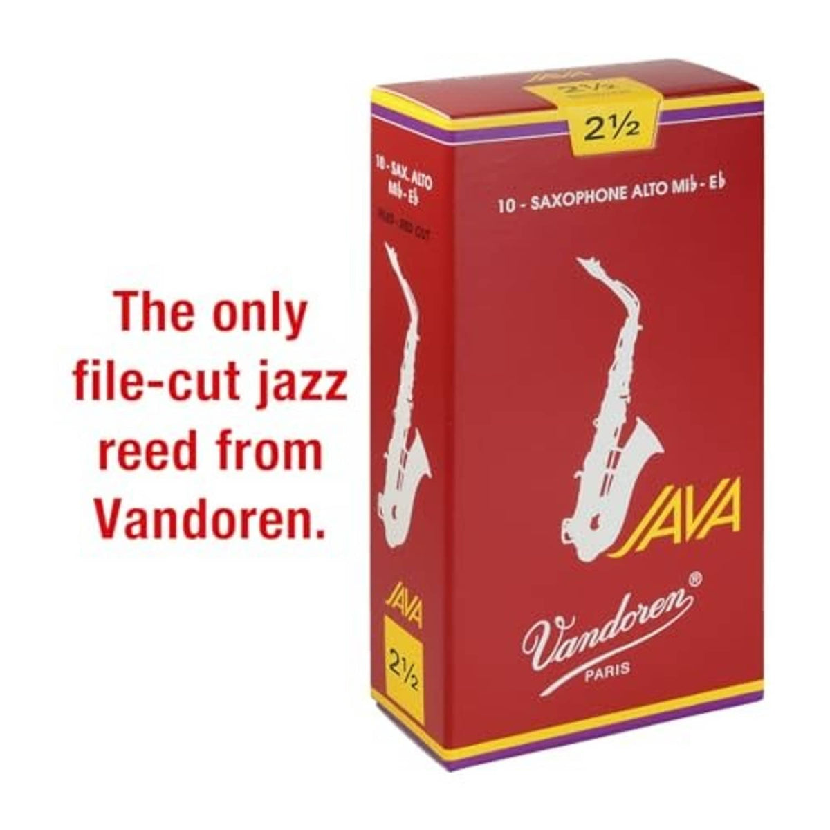 Vandoren Java red cut alto sax reed box, 2½ strength, box of 10
