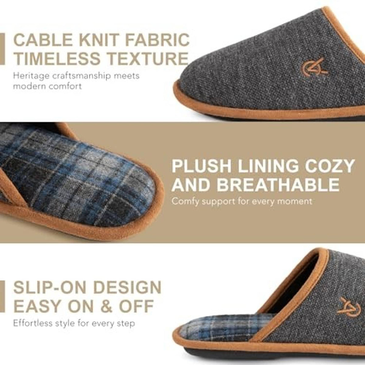 Dark gray knit slip-on slippers with blue plaid interior and brown border trim