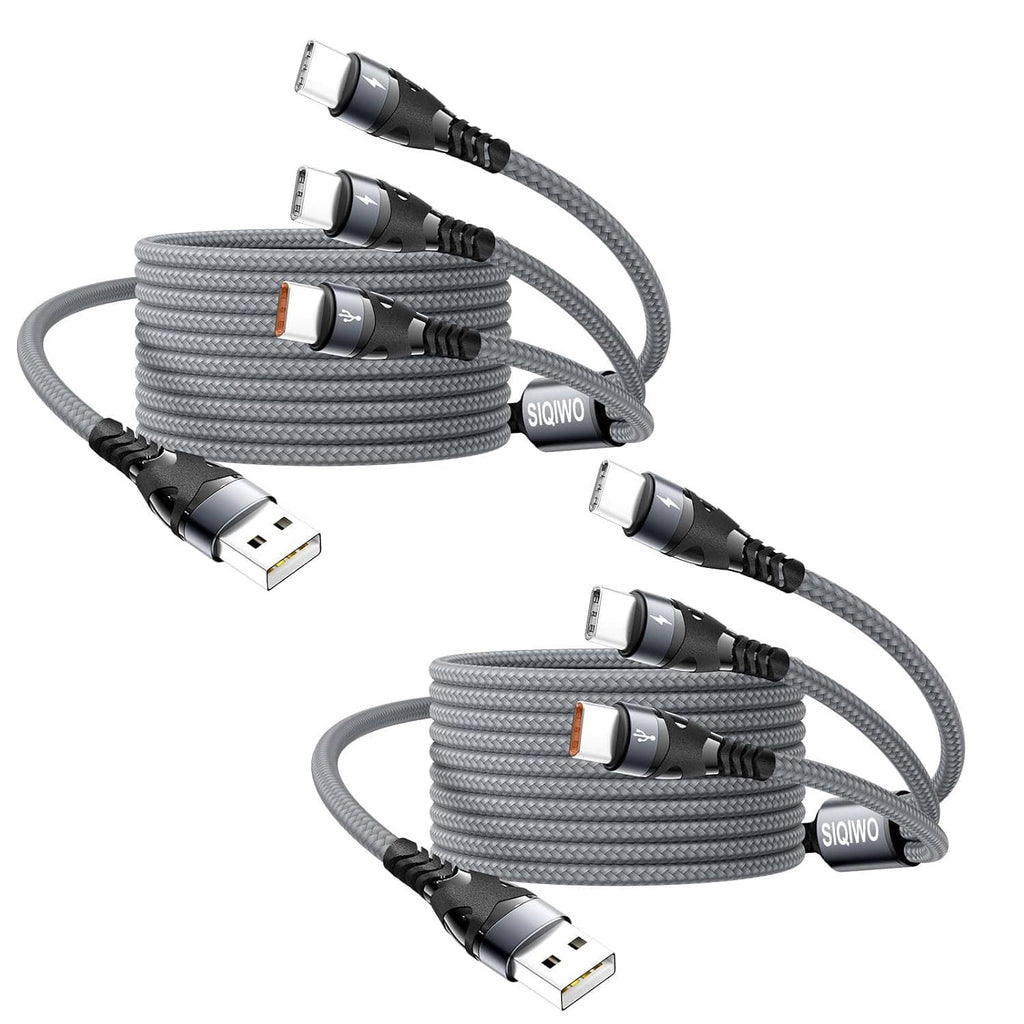 3-in-1 USB-C multi-charging cables, gray braided nylon, 4 ft, two-pack, plug ends shown