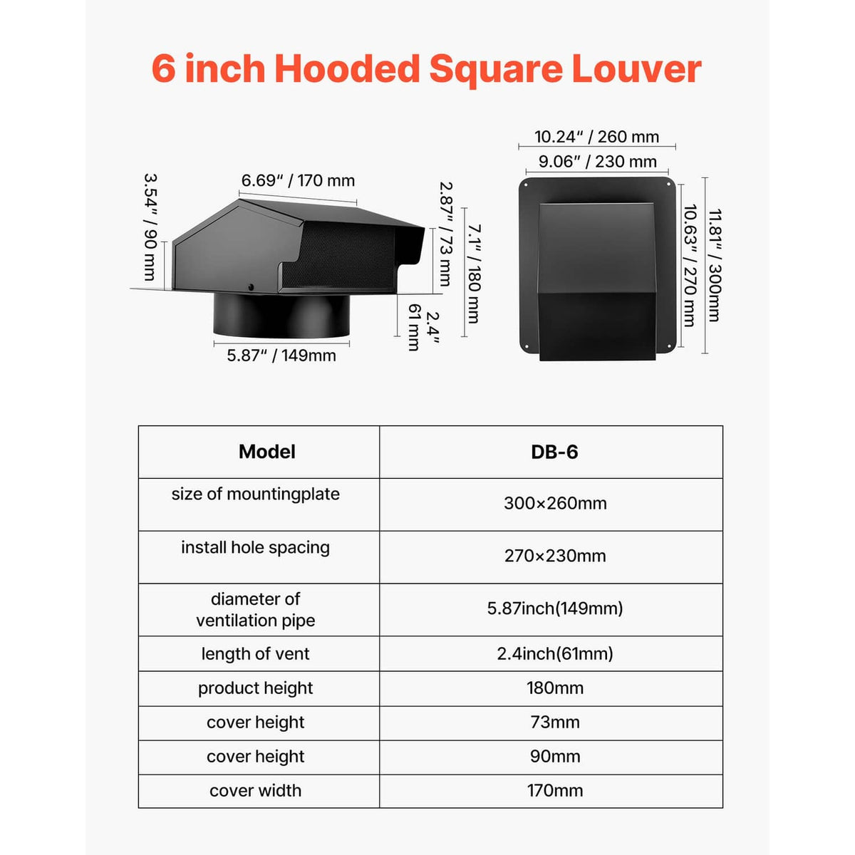 Black 6-inch hooded square louver vent cover with mounting cutout and size diagram