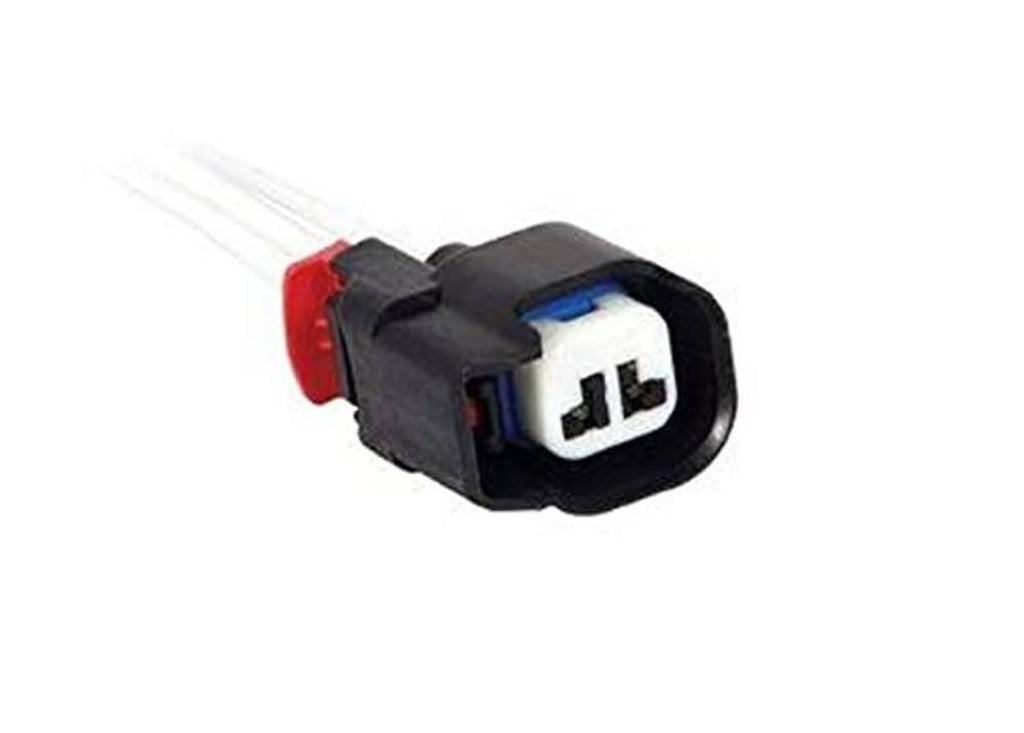 Black connector plug with blue center and red side terminal, pigtail leads