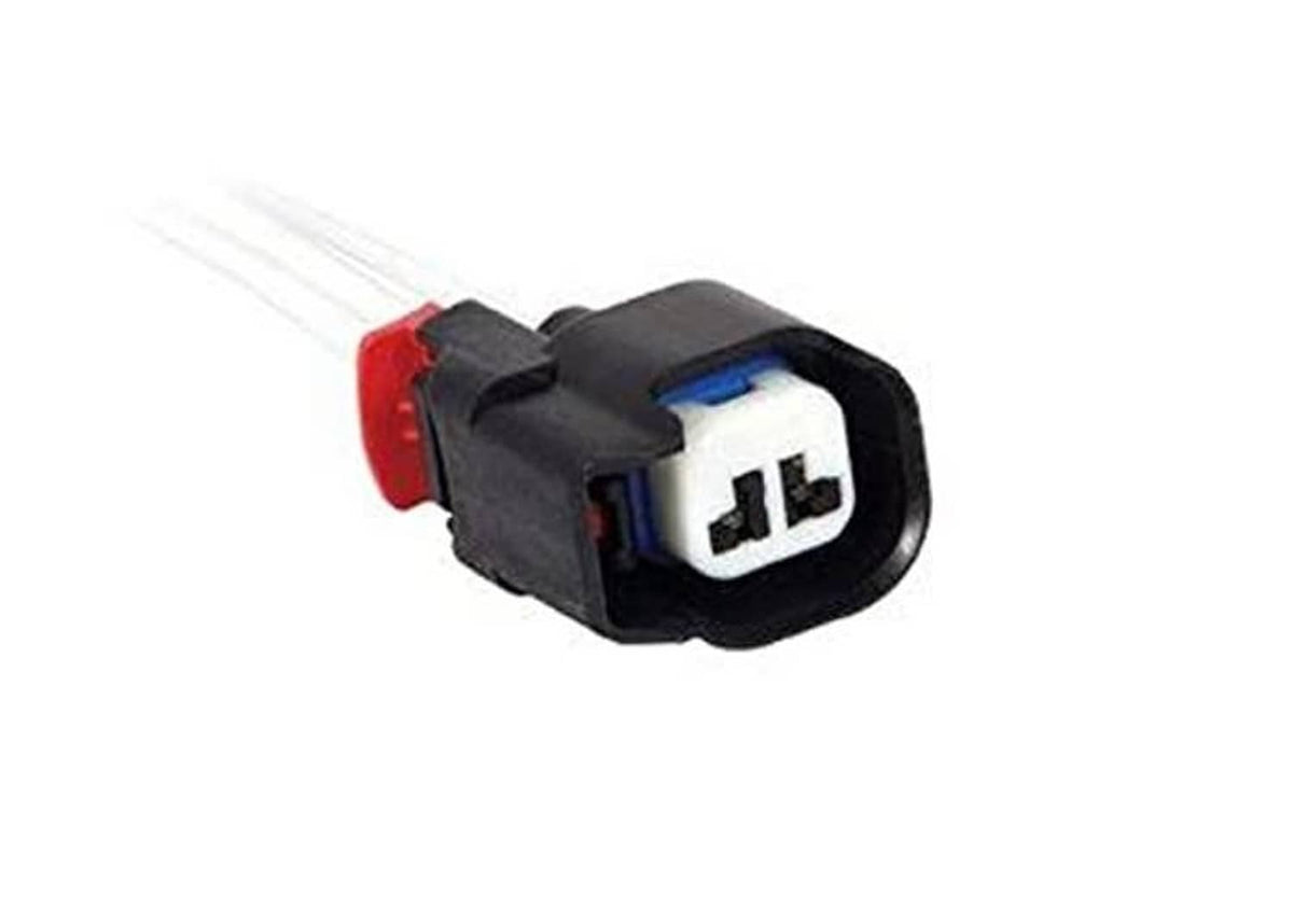 Black connector plug with blue center and red side terminal, pigtail leads