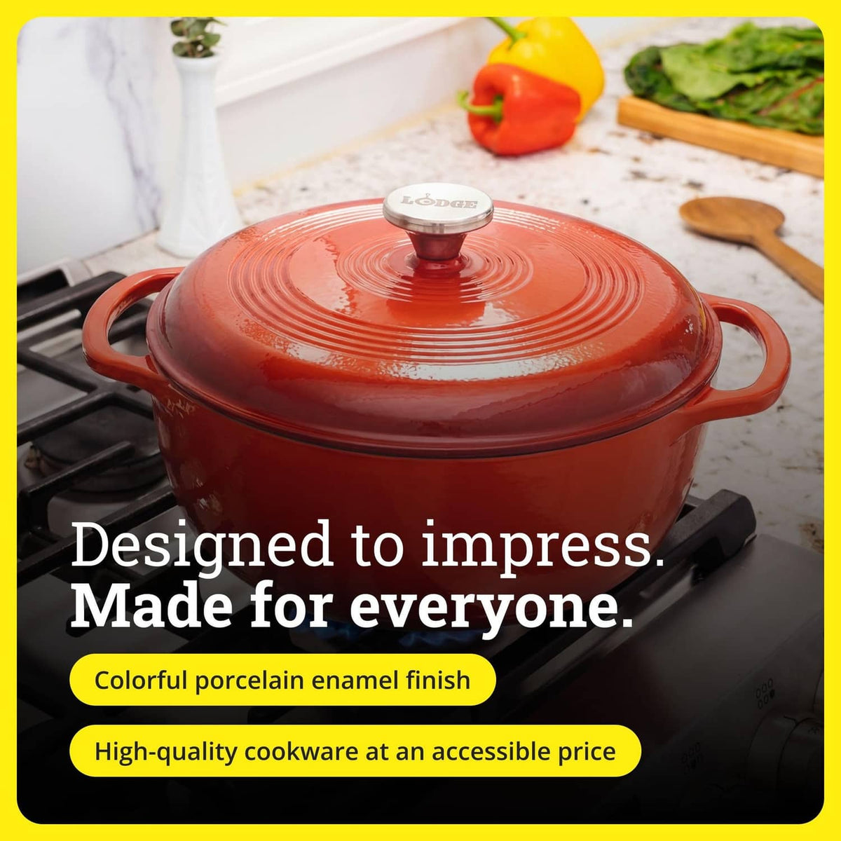 Red enamel cast iron Dutch oven with lid on a gas burner, side handles visible