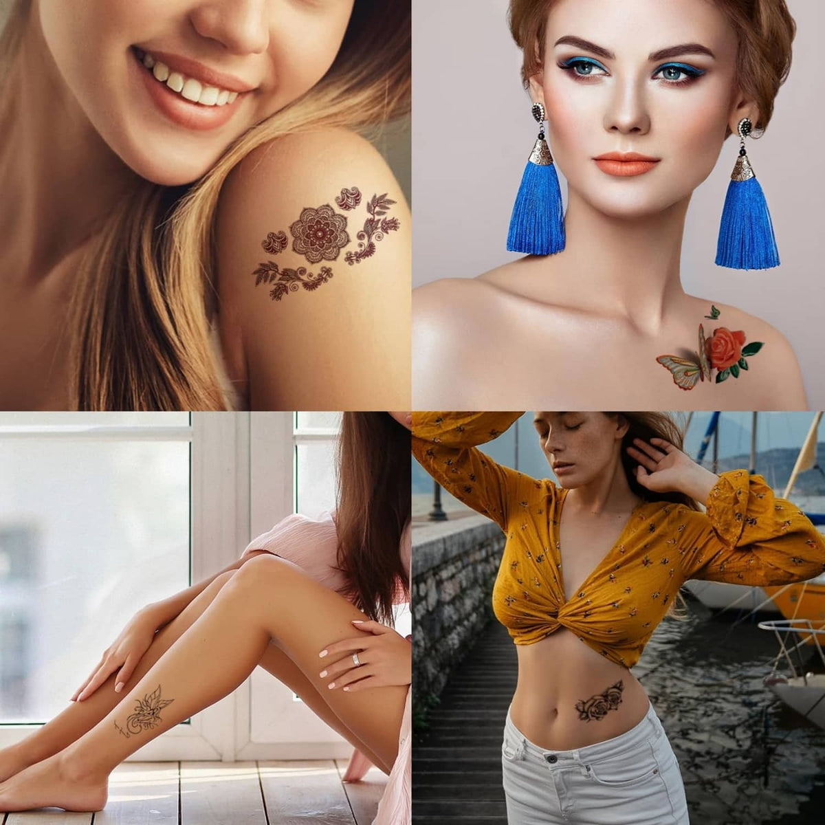 Temporary flower and butterfly tattoos on skin, with rose and butterfly clusters on arms