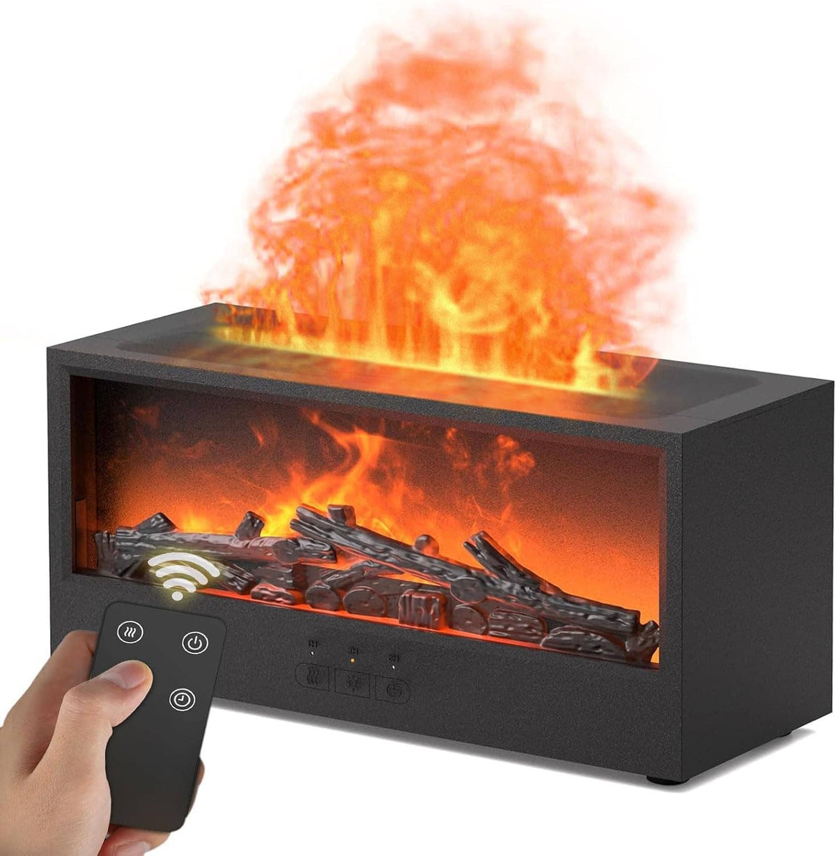 Black fireplace flame diffuser humidifier with faux flames and remote control showing signal