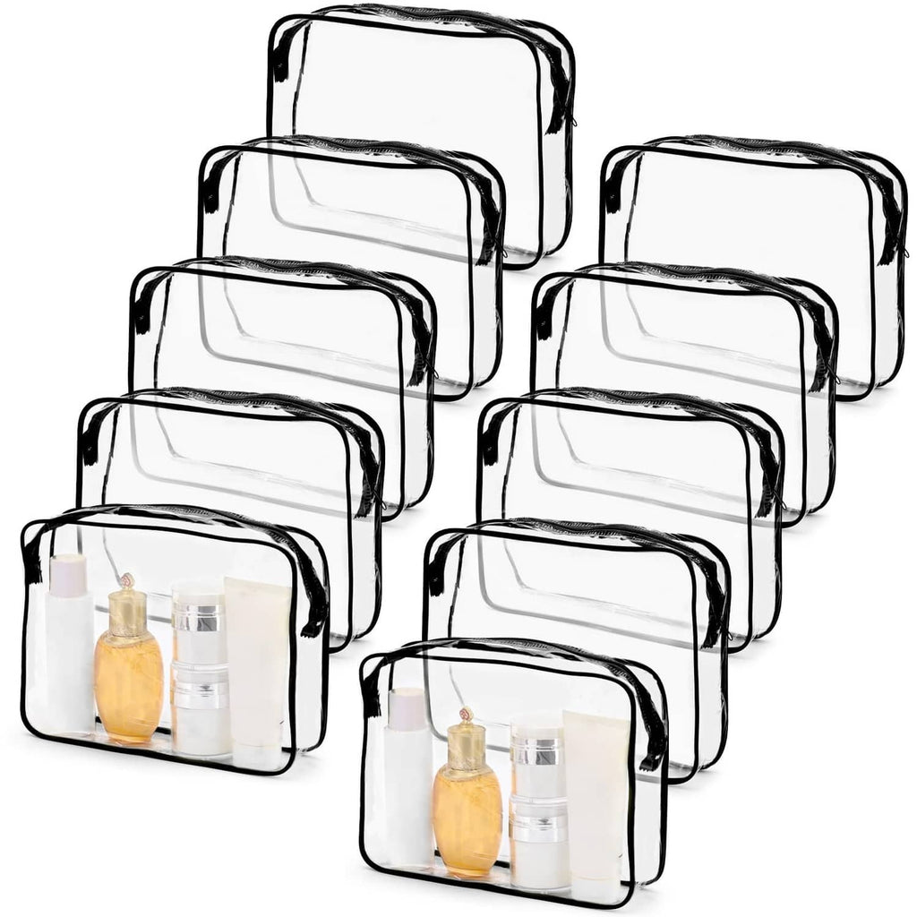 Set of 10 black-trim clear cosmetic bags with zip tops, toiletries inside