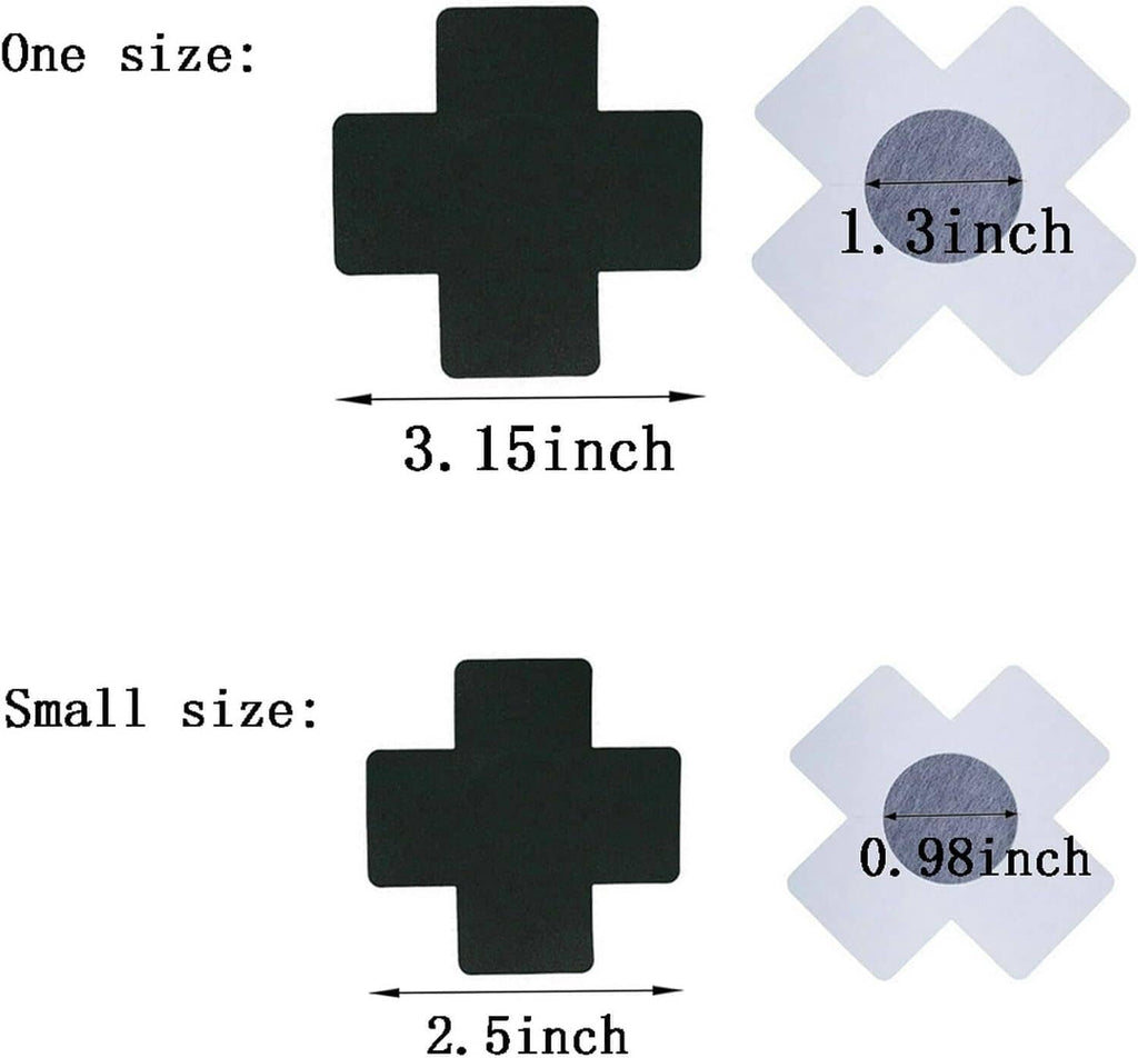 Disposable nipple pasties sizing diagram: black adhesive X pads with dimensions