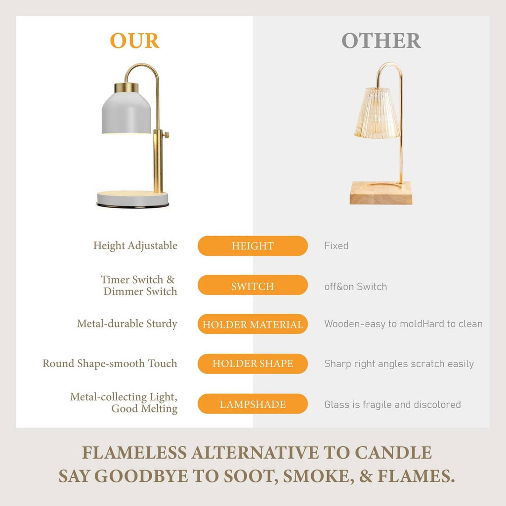 White and gold candle warmer lamp with adjustable height and timer dimmer controls