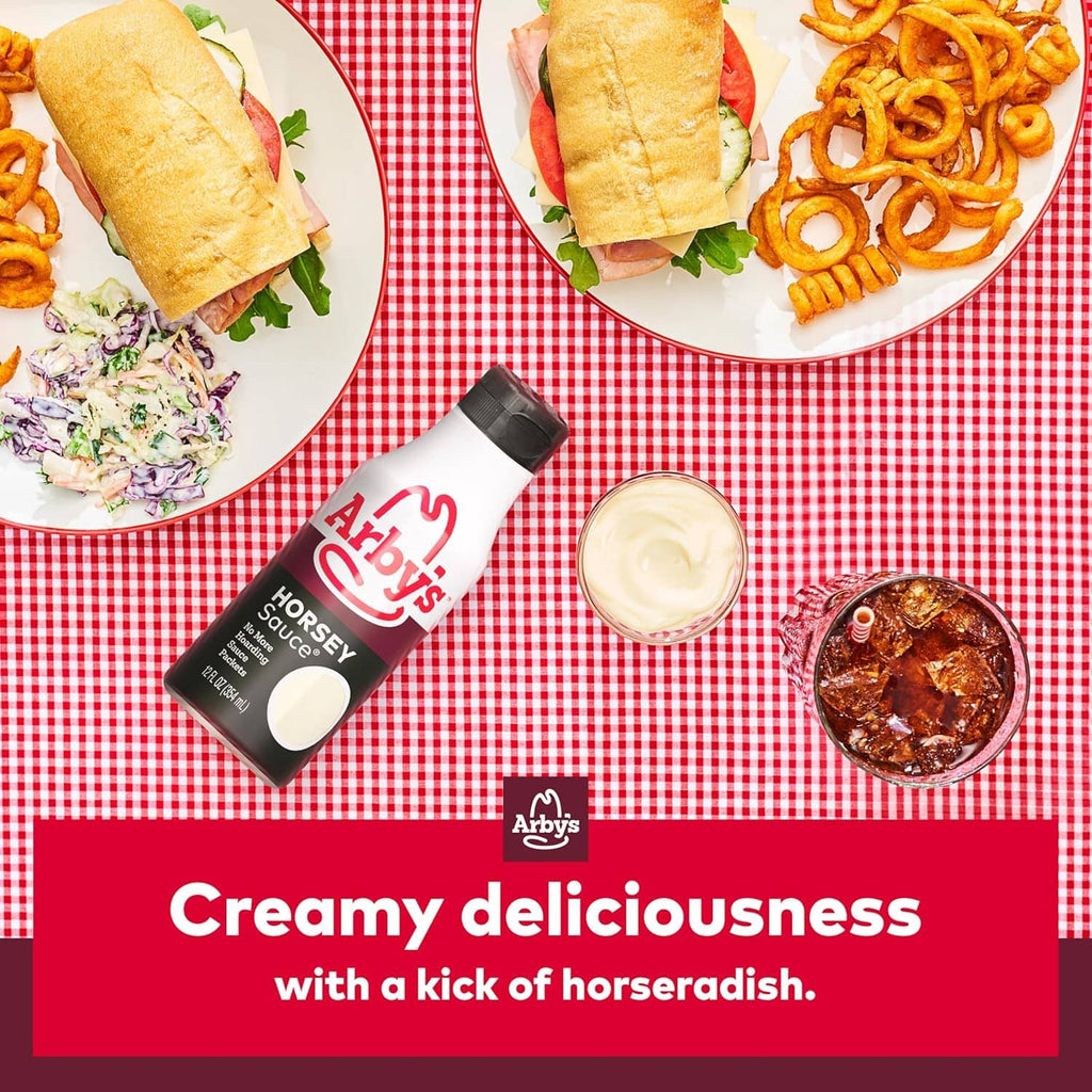 Arby's Horsey Sauce bottle with sauce cup, sandwiches, and onion rings