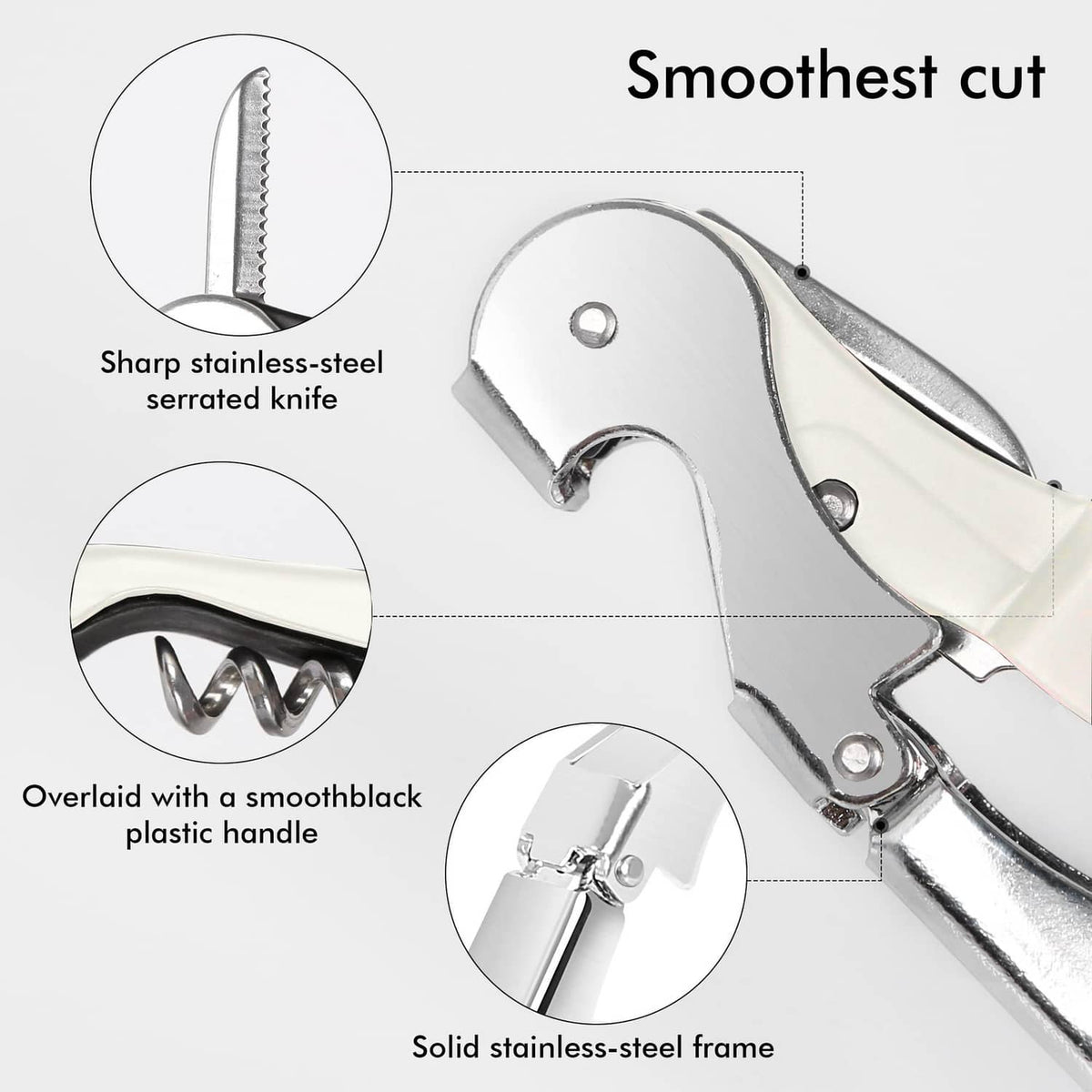 Stainless steel frame waiter corkscrew with serrated foil cutter and smooth white handle