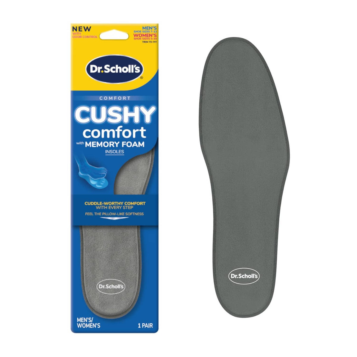 Grey cushioned memory foam insole pair, Dr. Scholl's® logo on top
