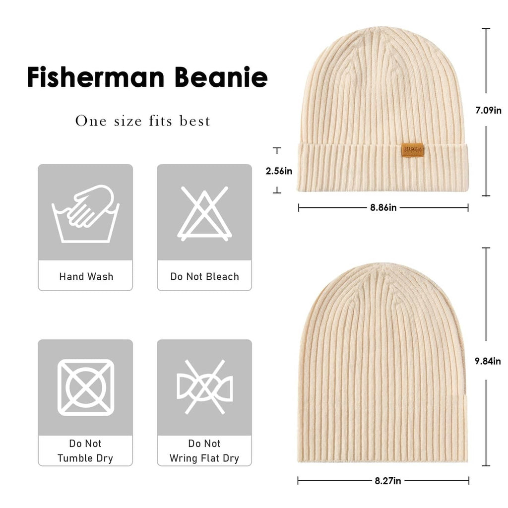 Beige fisherman beanie knit with ribbed vertical stripes, cuffed brim