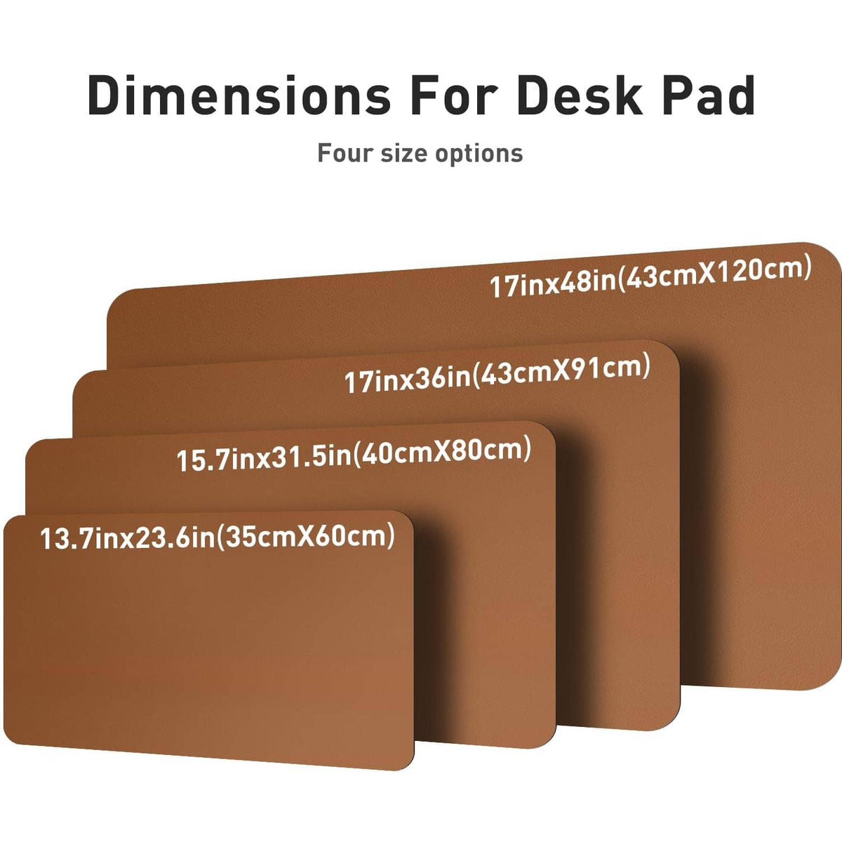 Brown desk pad protector size options shown as four overlapping rectangles