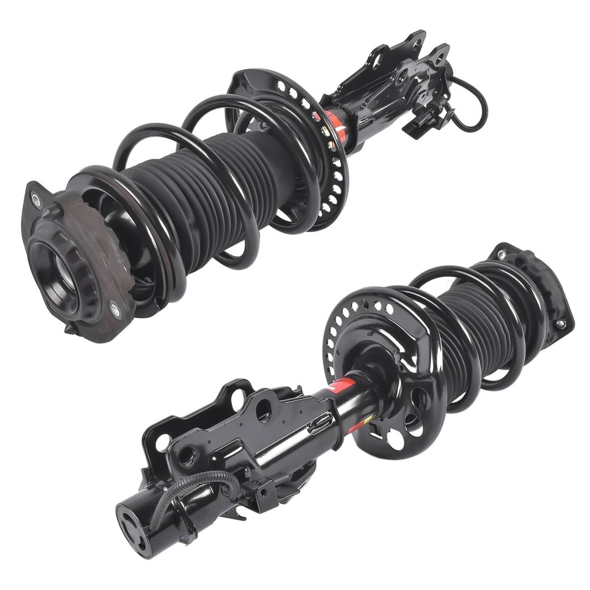 Pair of front suspension struts with black coil springs, top mounts, and wiring