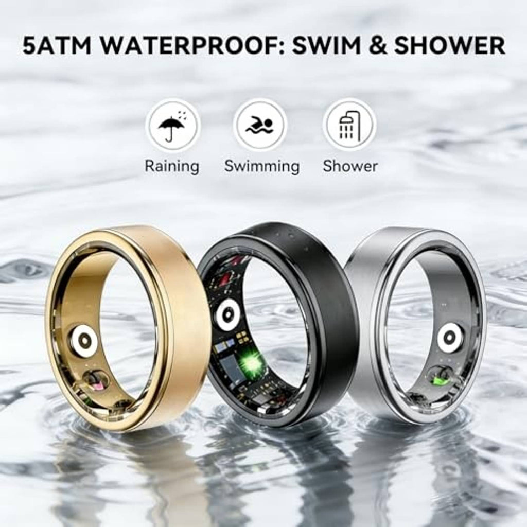Black smart ring with waterproof icons for rain, swimming, and shower use