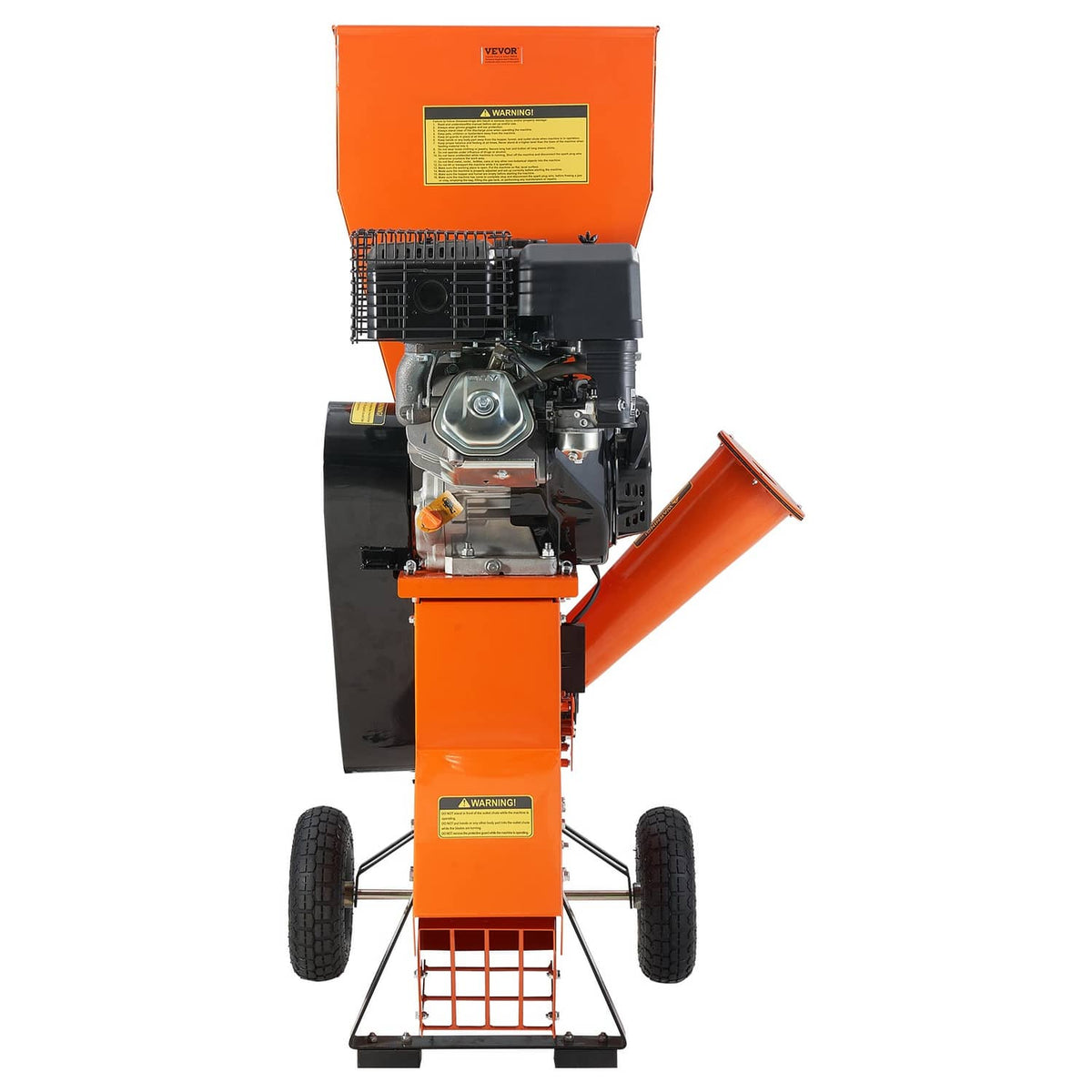 Orange wood chipper shredder mulcher rear view with engine and discharge opening